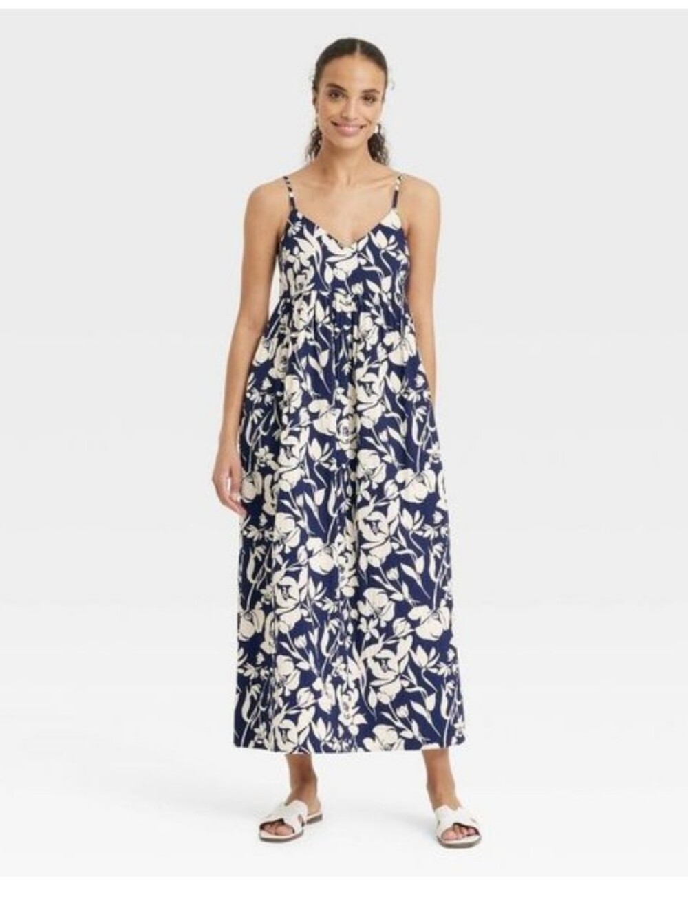 A New Day Navy Blue Floral Seersucker Maxi Dress Sz L With Pockets